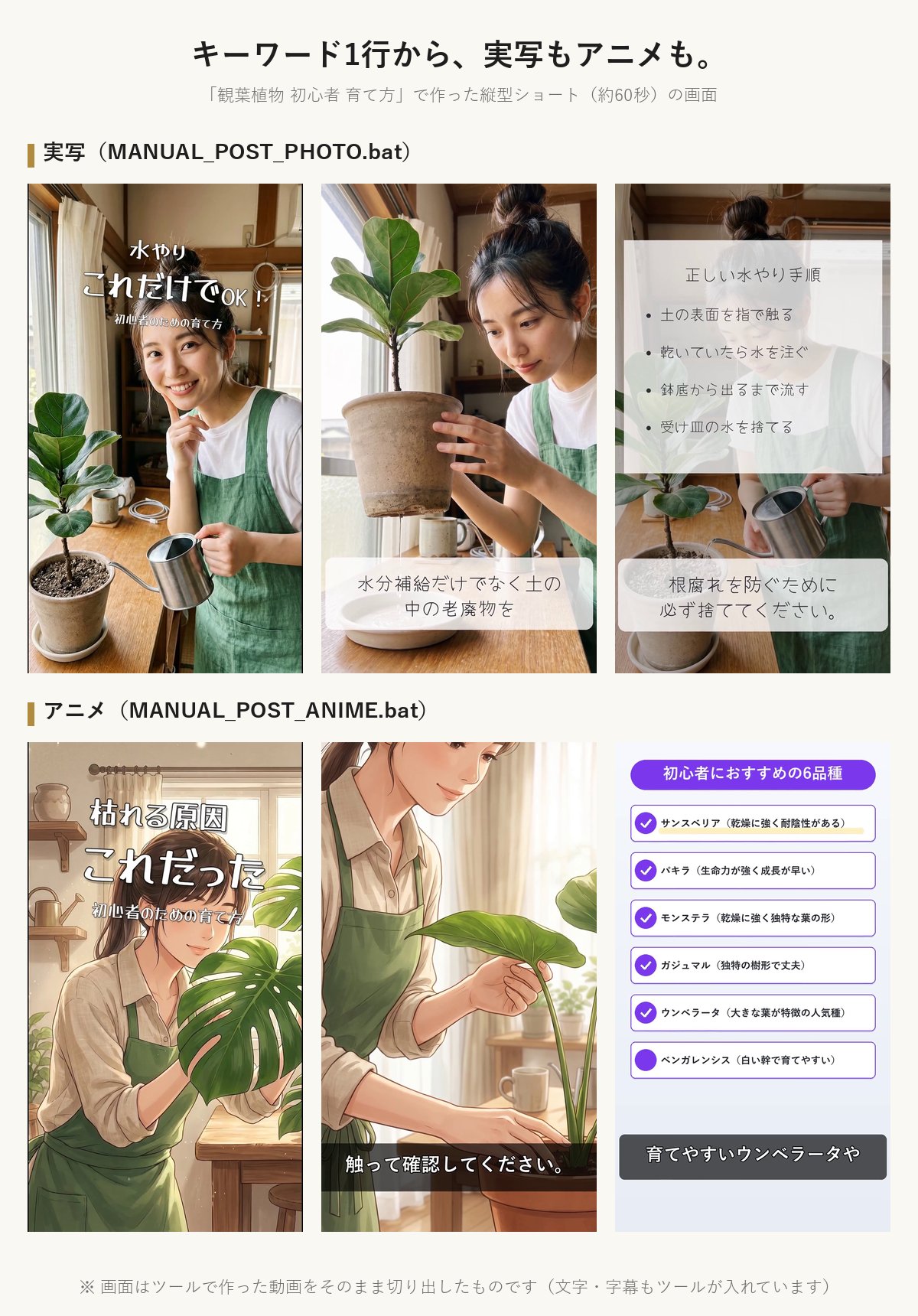 同じキーワードで作った実写とアニメのショート動画
